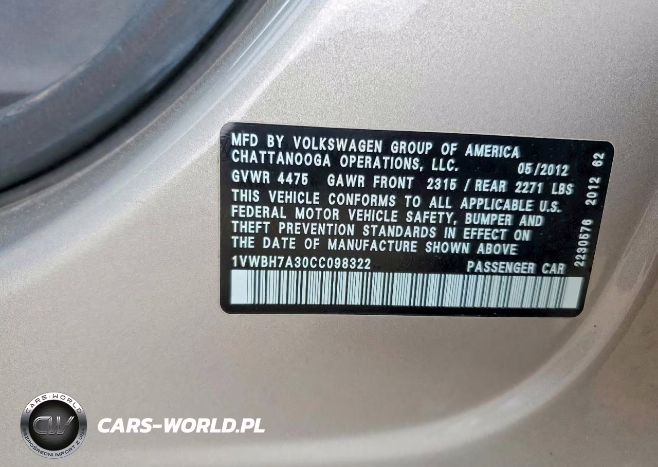 2012 Volkswagen Passat 2.5L Se VIN:1VWBH7A30CC098322 - 12
