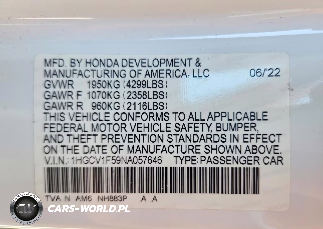 2022 Honda Accord Exl VIN:1HGCV1F59NA057646 - 13