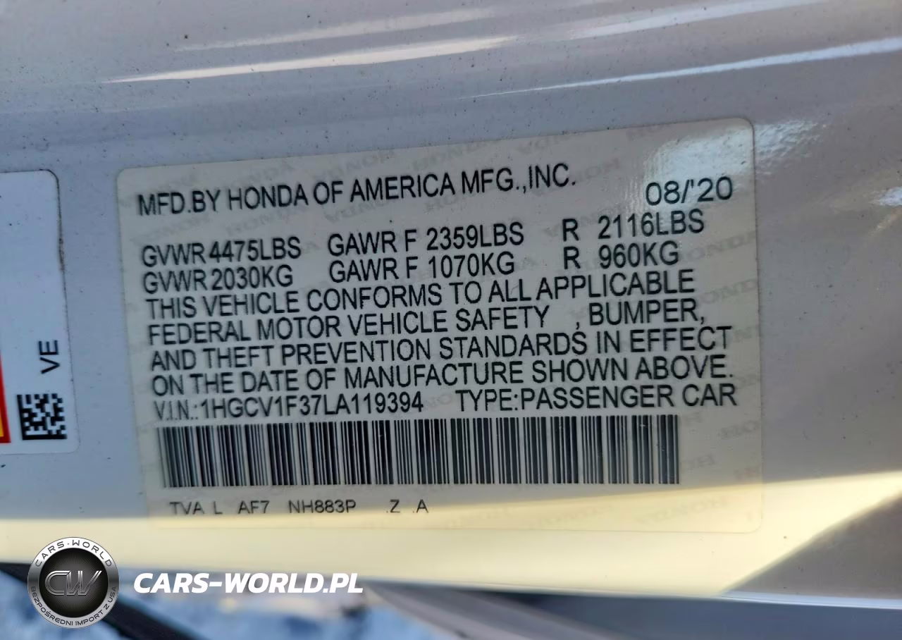 2020 Honda Accord Sport VIN:1HGCV1F37LA119394 - 12