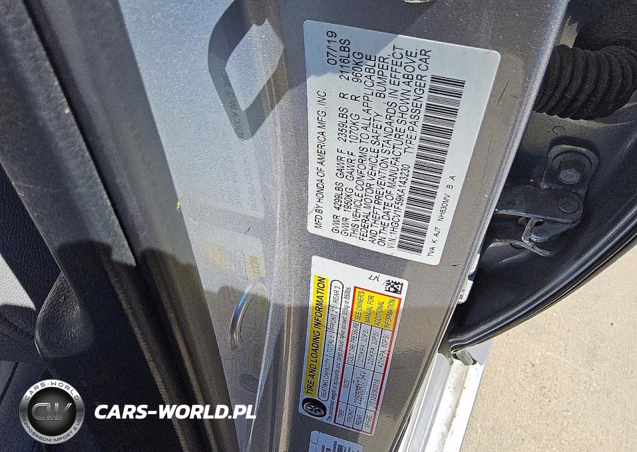 2019 Honda Accord Exl VIN:1HGCV1F59KA143230 - 12