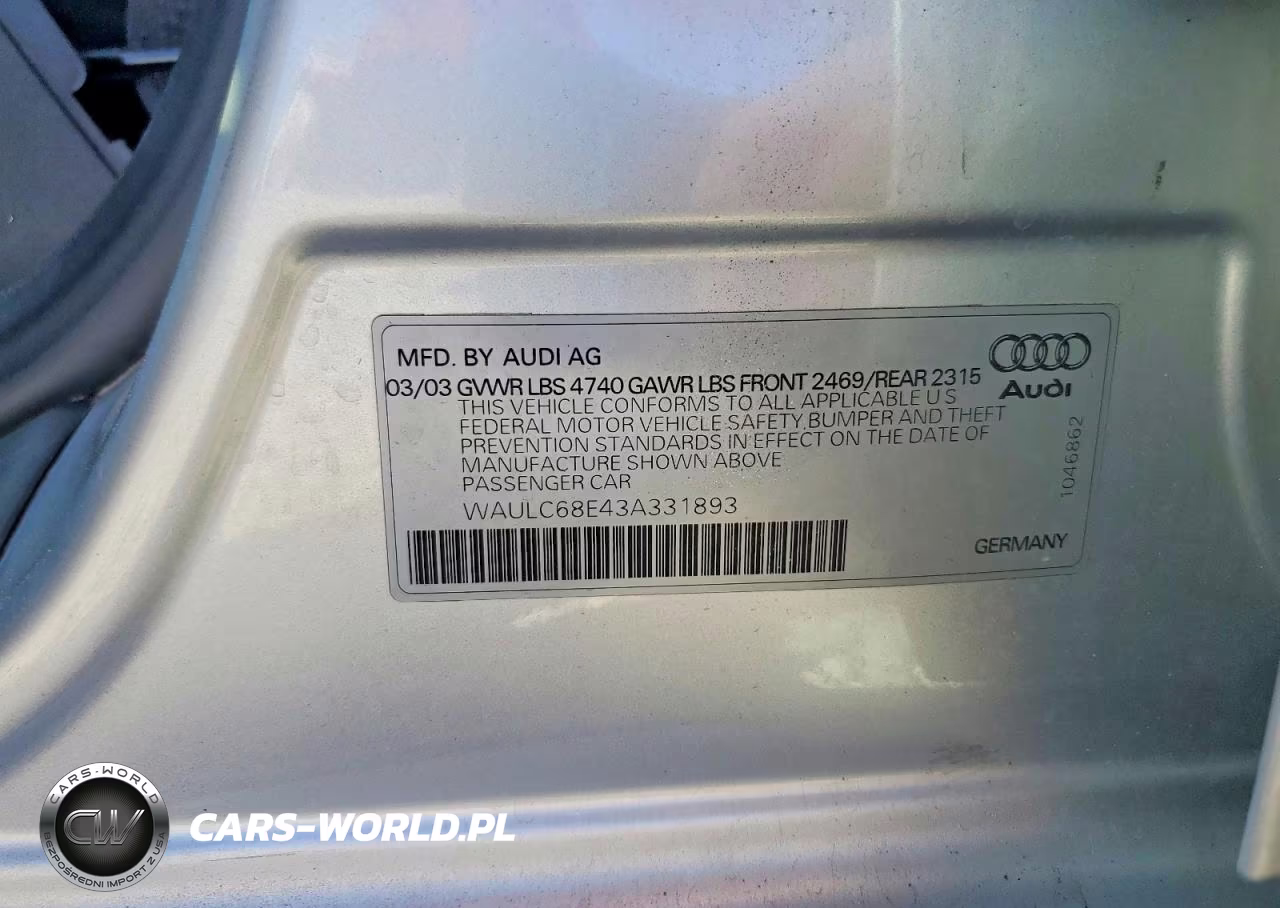 2003 Audi A4 1.8T Quattro VIN:WAULC68E43A331893 - 12