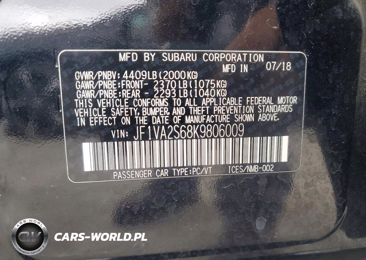 2019 Subaru Wrx Sti VIN:JF1VA2S68K9806009 - 12
