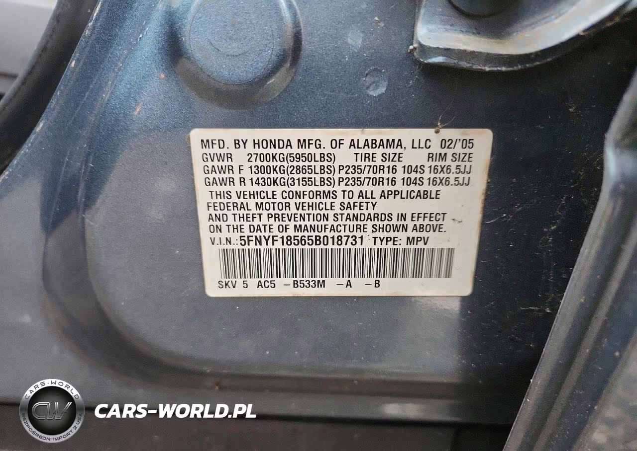 2005 Honda Pilot Exl VIN:5FNYF18565B018731 - 13