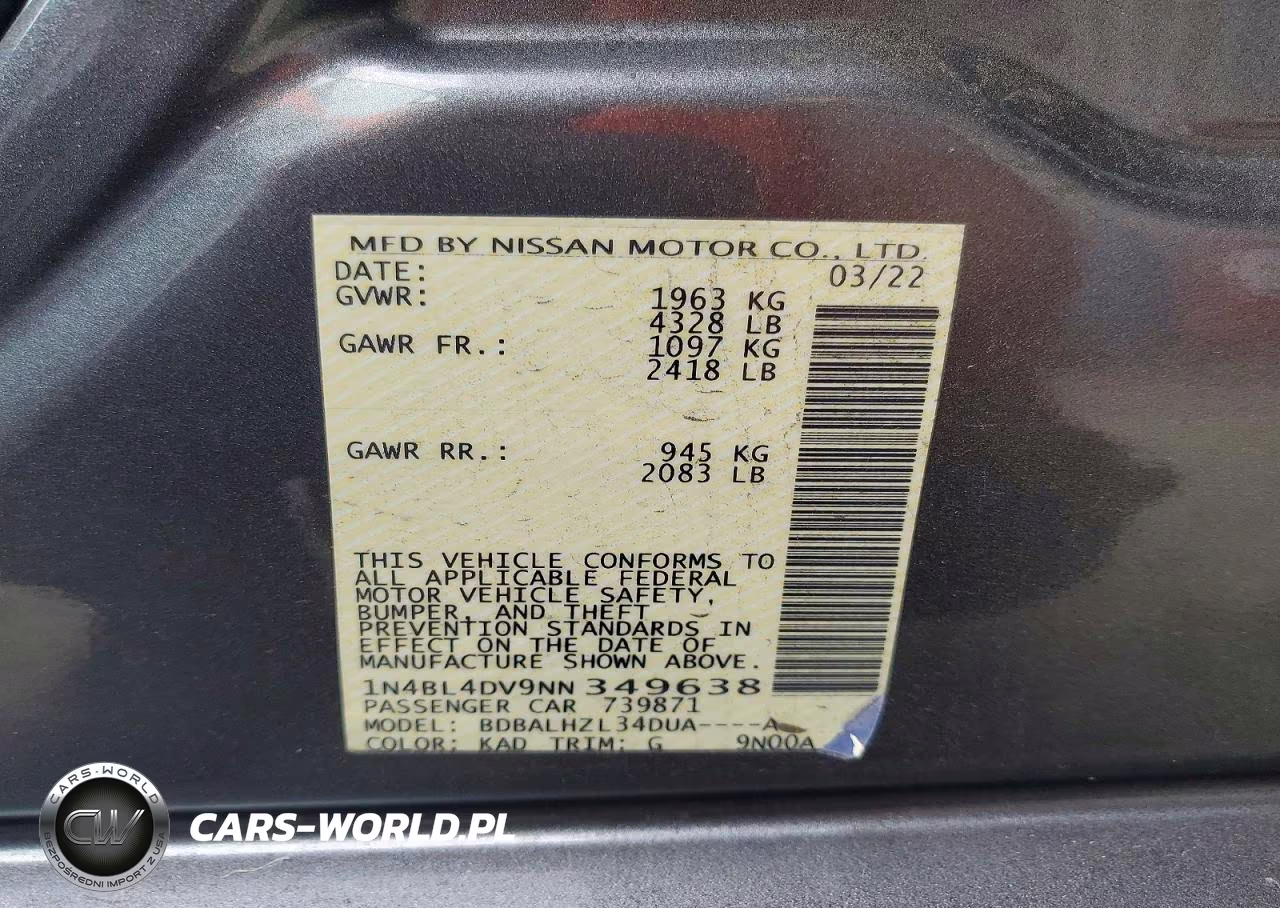 2022 Nissan Altima Sv VIN:1N4BL4DV9NN349638 - 12