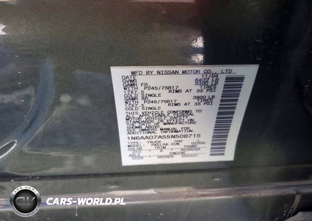 2005 Nissan Titan Xe VIN:1N6AA07A55N508715 - 12