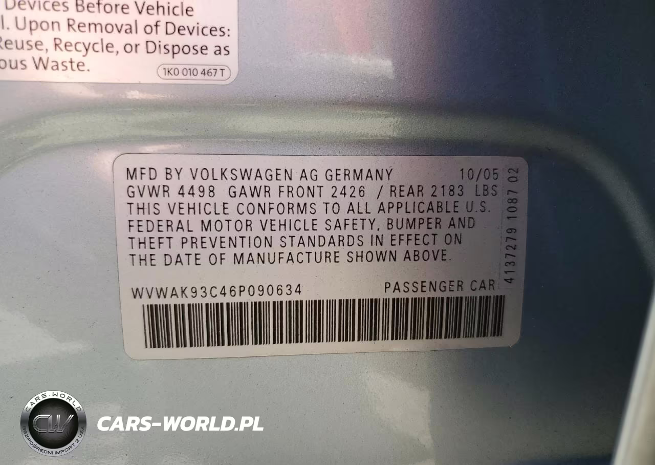 2006 Volkswagen Passat 2.0T VIN:WVWAK93C46P090634 - 12
