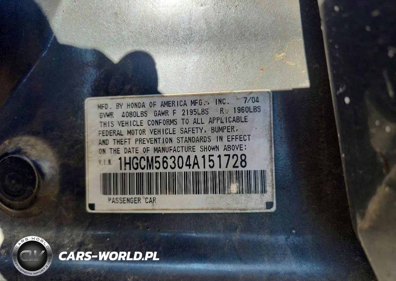 2004 Honda Accord Lx VIN:1HGCM56304A151728 - 12