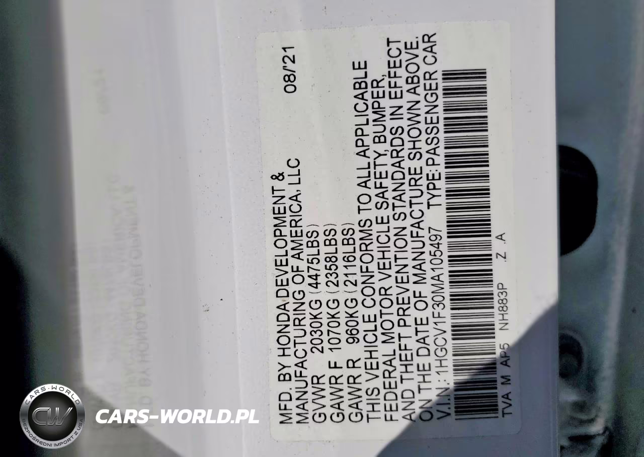 2021 Honda Accord Sport VIN:1HGCV1F30MA105497 - 12