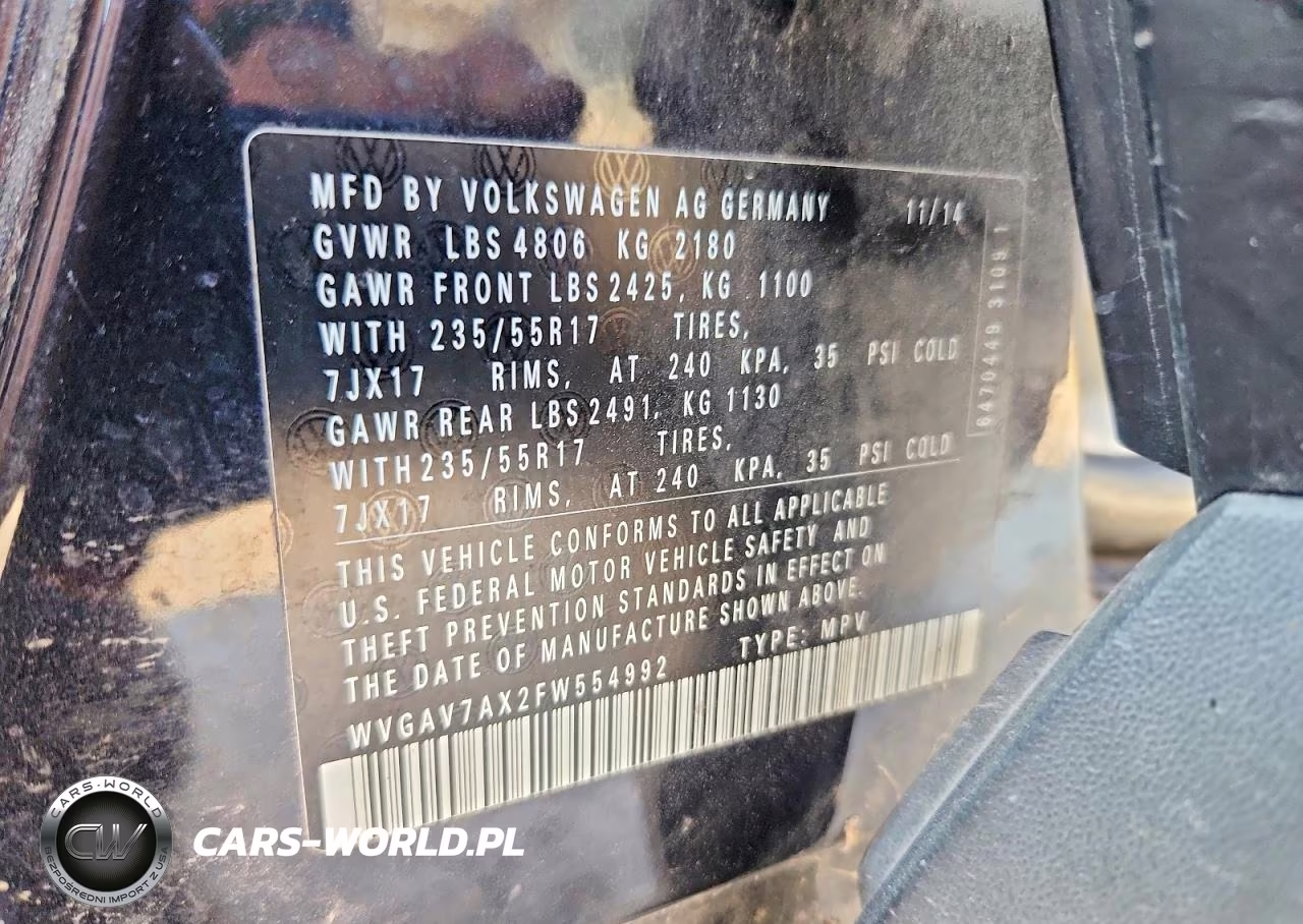 2015 Volkswagen Tiguan S VIN:WVGAV7AX2FW554992 - 13