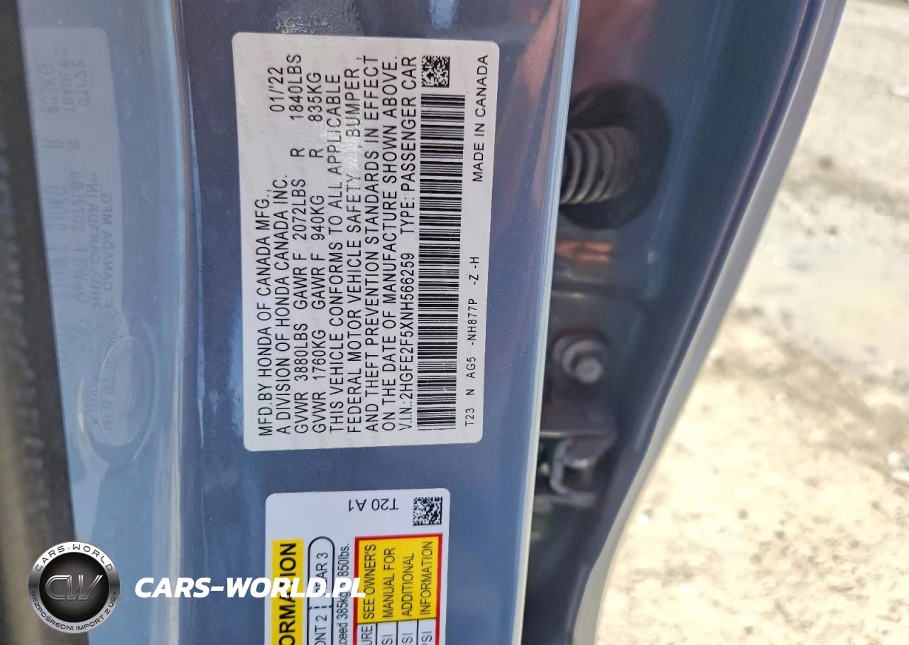 2022 Honda Civic Sport VIN:2HGFE2F5XNH566259 - 12