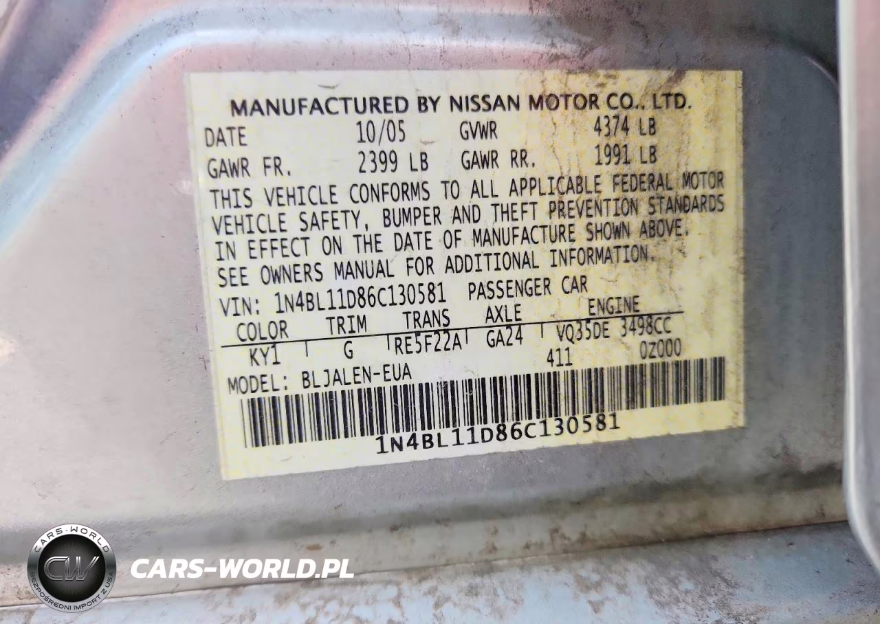 2006 Nissan Altima 3.5 Se VIN:1N4BL11D86C130581 - 13