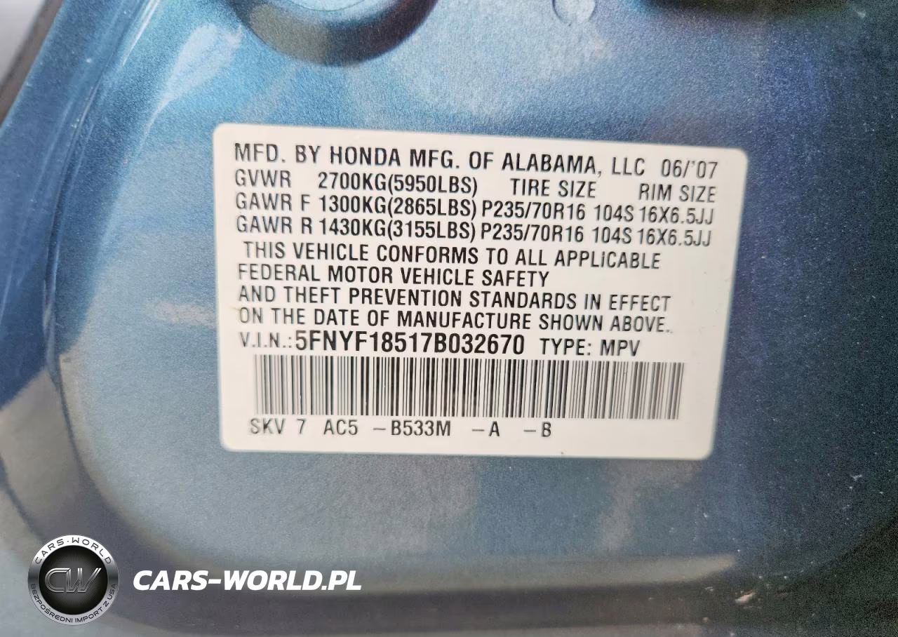 2007 Honda Pilot Exl VIN:5FNYF18517B032670 - 13