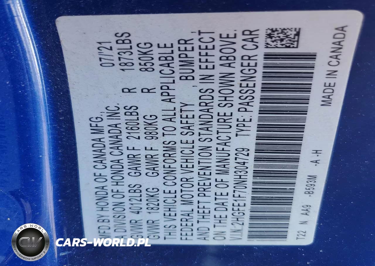 2022 Honda Civic Ex VIN:2HGFE1F70NH304729 - 12