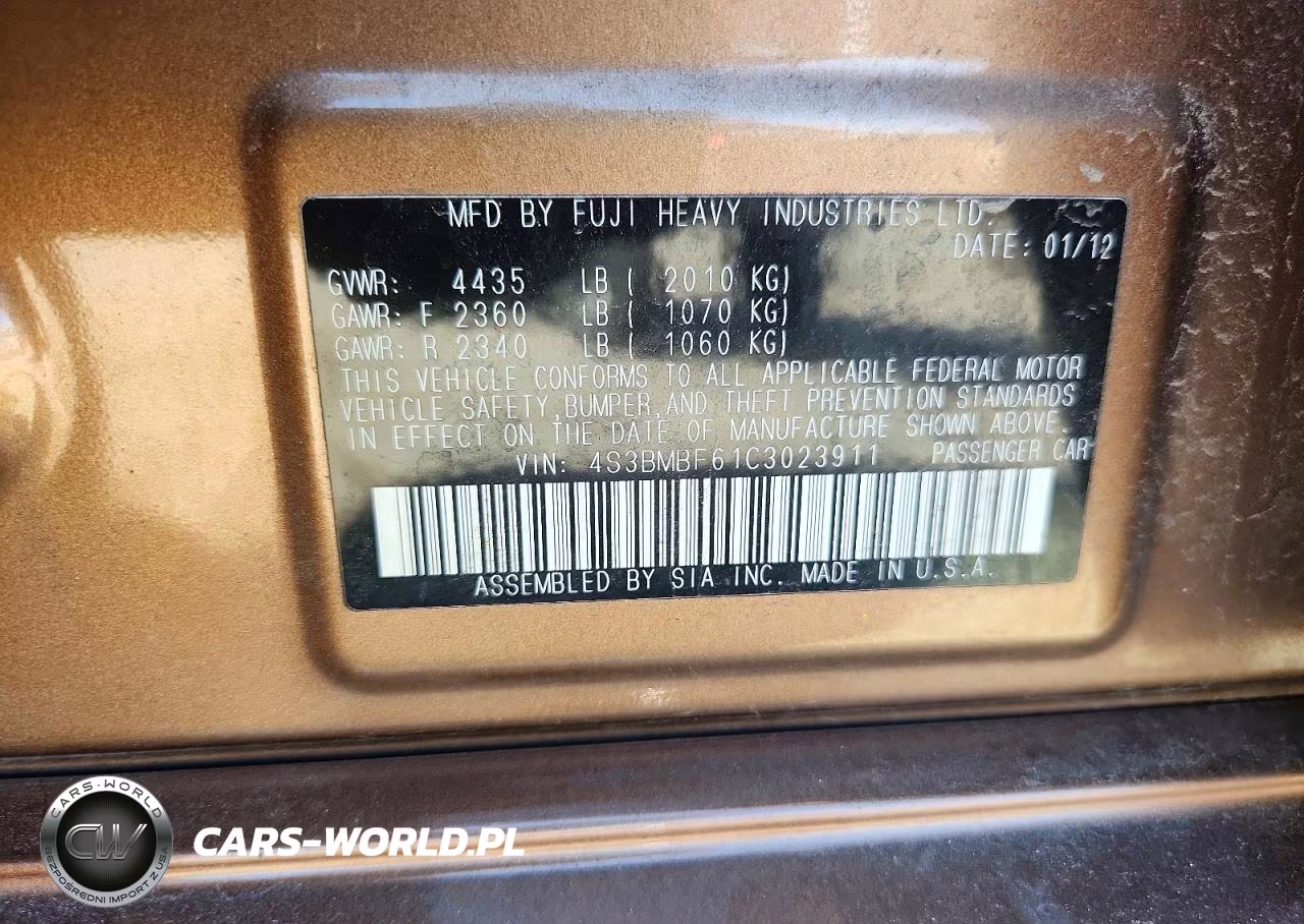 2012 Subaru Legacy 2.5I Premium VIN:4S3BMBF61C3023911 - 13