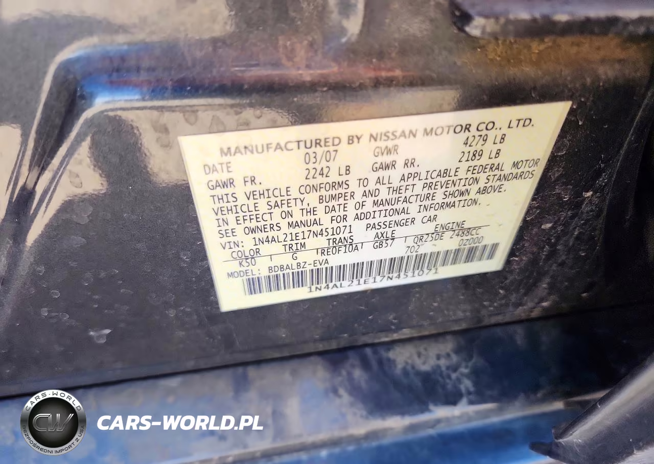 2007 Nissan Altima 2.5 VIN:1N4AL21E17N451071 - 12
