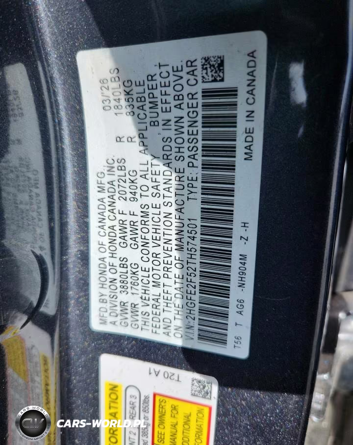 2026 Honda Civic Sport VIN:2HGFE2F52TH574501 - 12