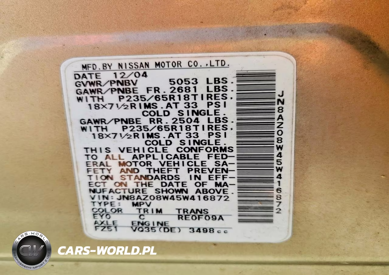 2005 Nissan Murano S VIN:JN8AZ08W45W416872 - 13
