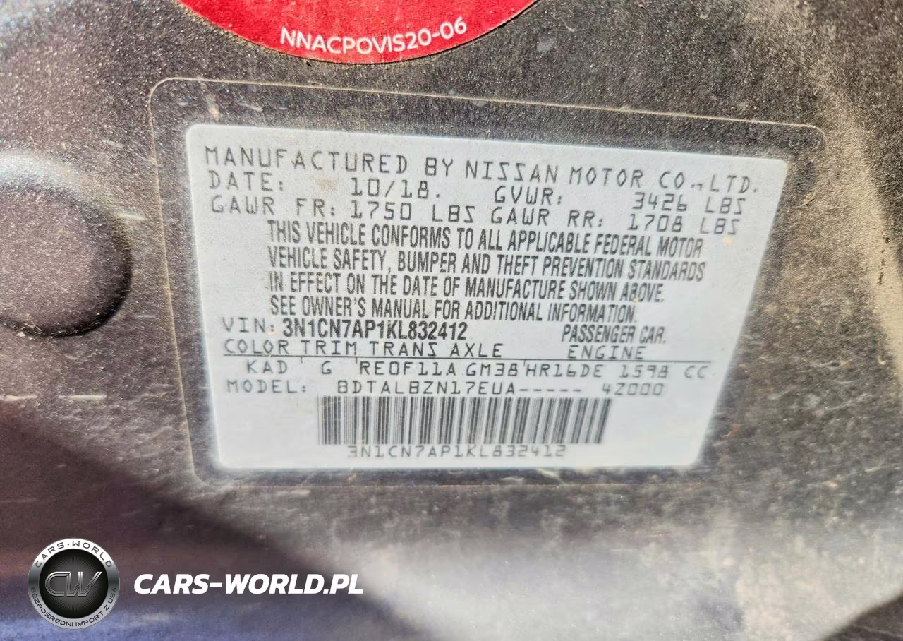 2019 Nissan Versa Sv VIN:3N1CN7AP1KL832412 - 13