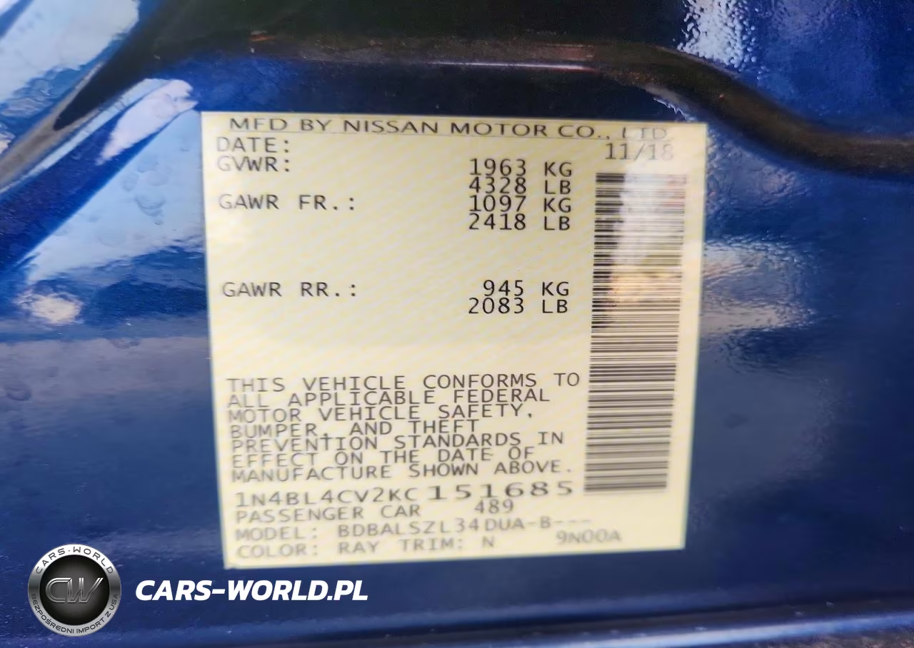 2019 Nissan Altima Sr VIN:1N4BL4CV2KC151685 - 13