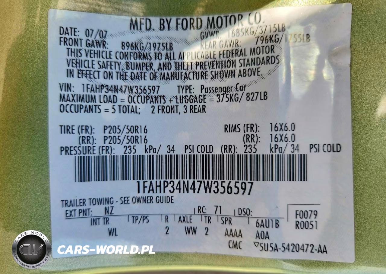 2007 Ford Focus Zx4 VIN:1FAHP34N47W356597 - 12