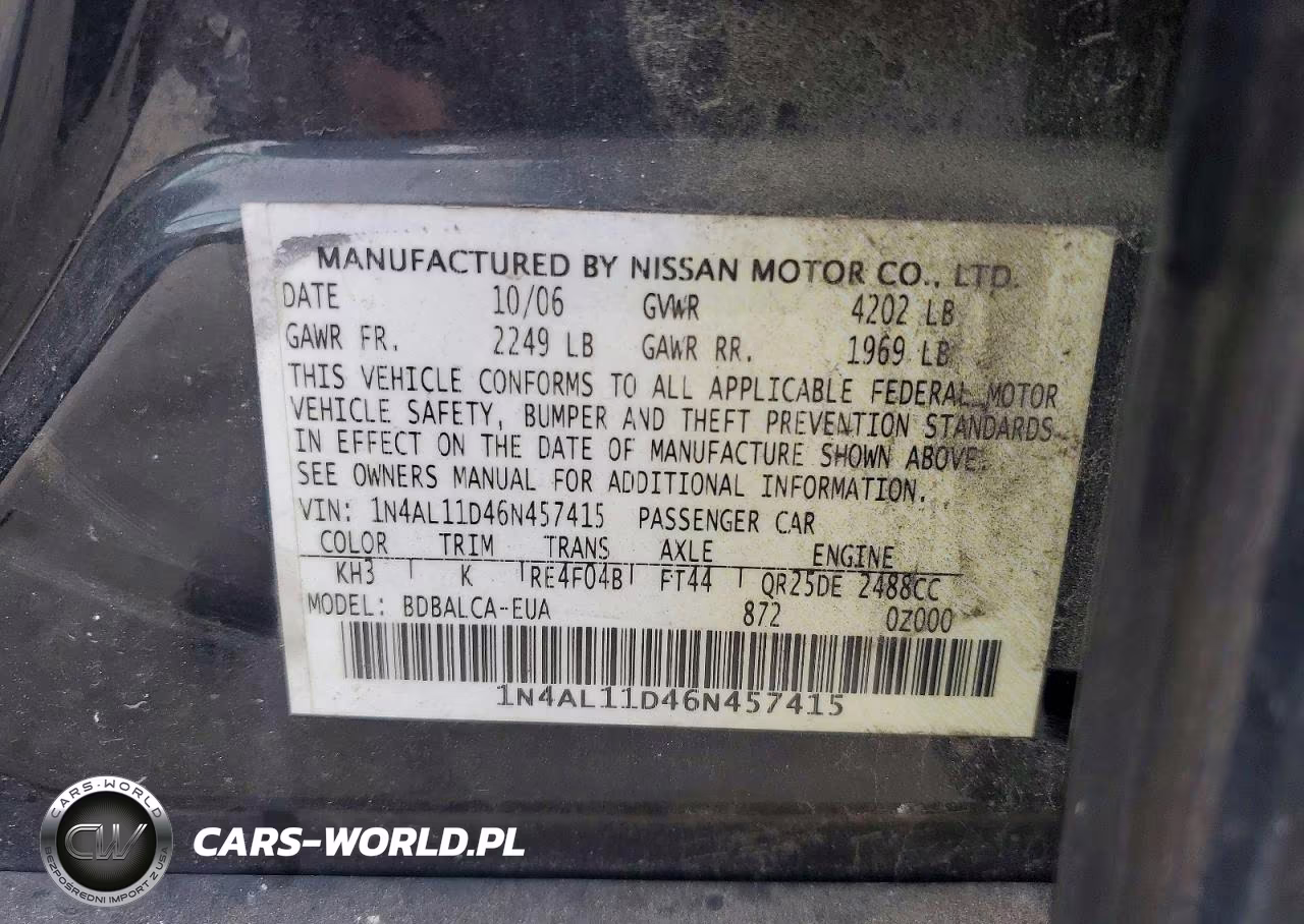 2006 Nissan Altima 2.5 VIN:1N4AL11D46N457415 - 12
