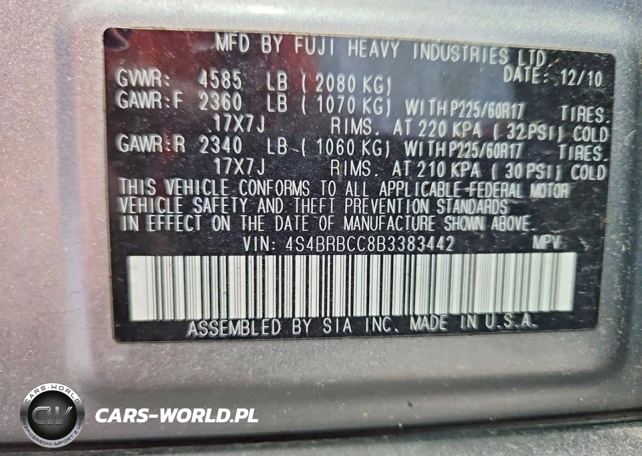 2011 Subaru Outback 2.5I Premium VIN:4S4BRBCC8B3383442 - 12