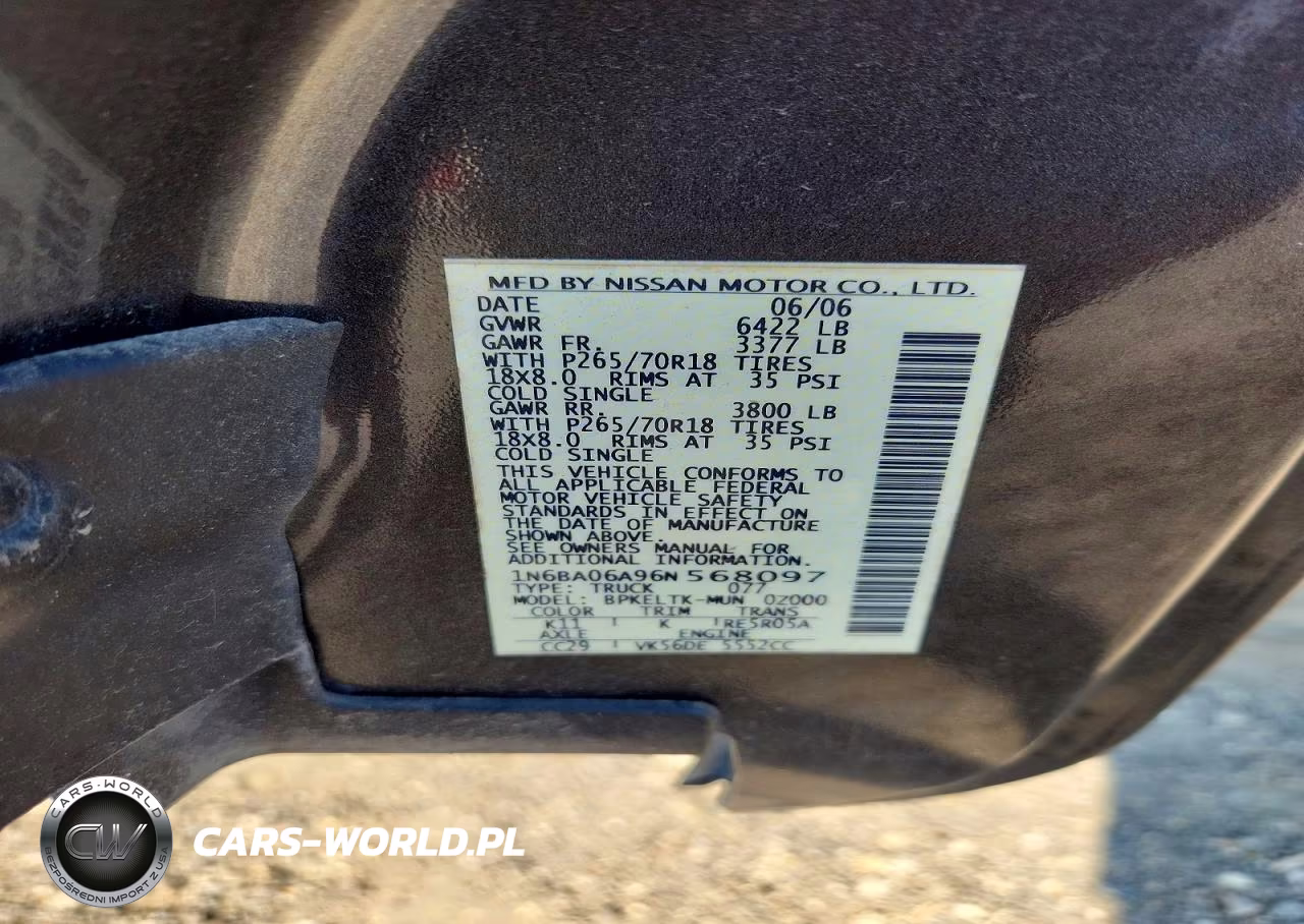2006 Nissan Titan Xe Ffv VIN:1N6BA06A96N568097 - 12