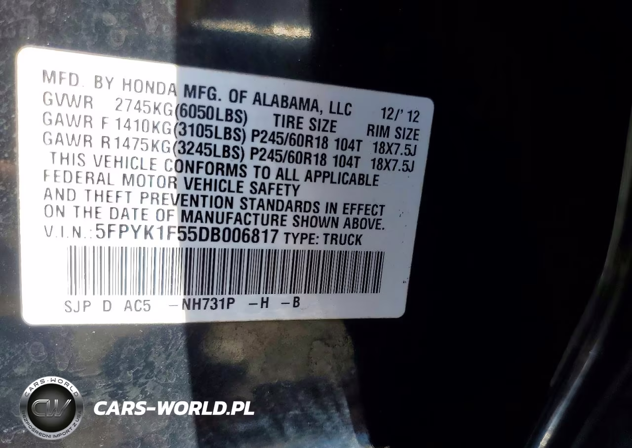 2013 Honda Ridgeline Rtl VIN:5FPYK1F55DB006817 - 13