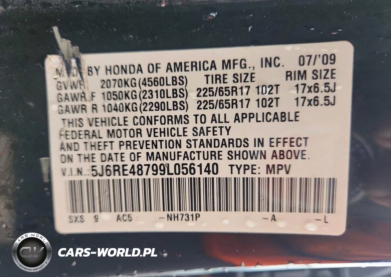 2009 Honda Cr-V Exl VIN:5J6RE48799L056140 - 13