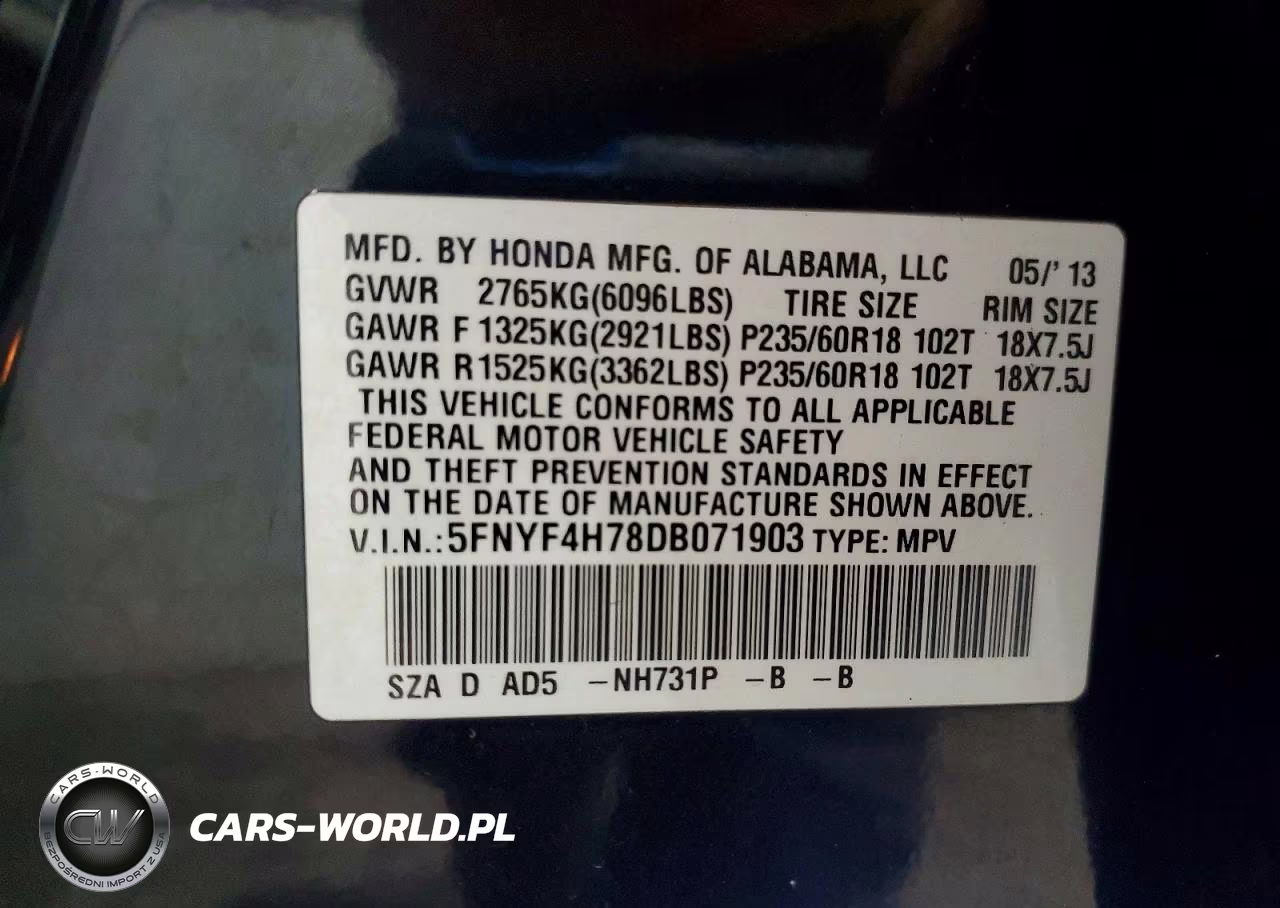 2013 Honda Pilot Exln VIN:5FNYF4H78DB071903 - 13