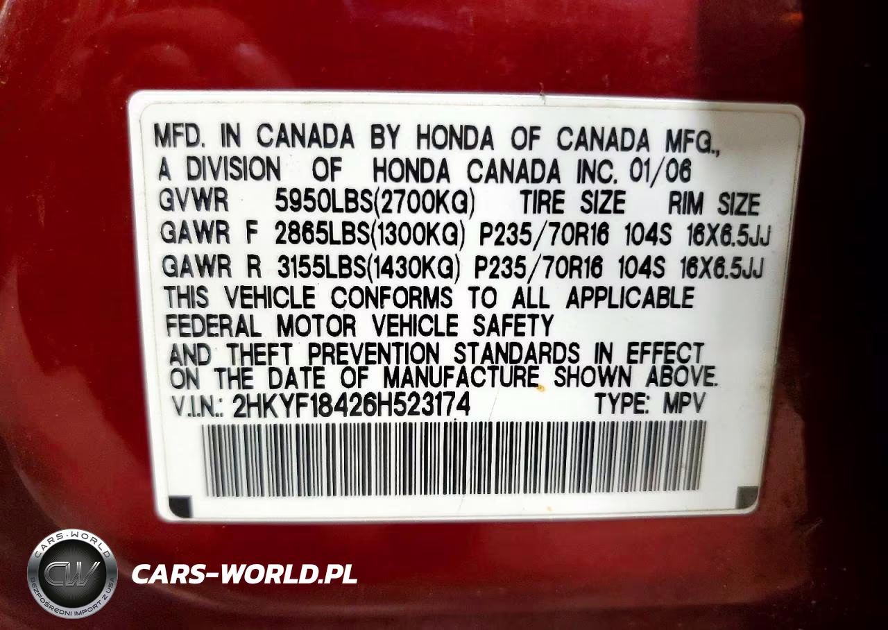 2006 Honda Pilot Ex VIN:2HKYF18426H523174 - 14
