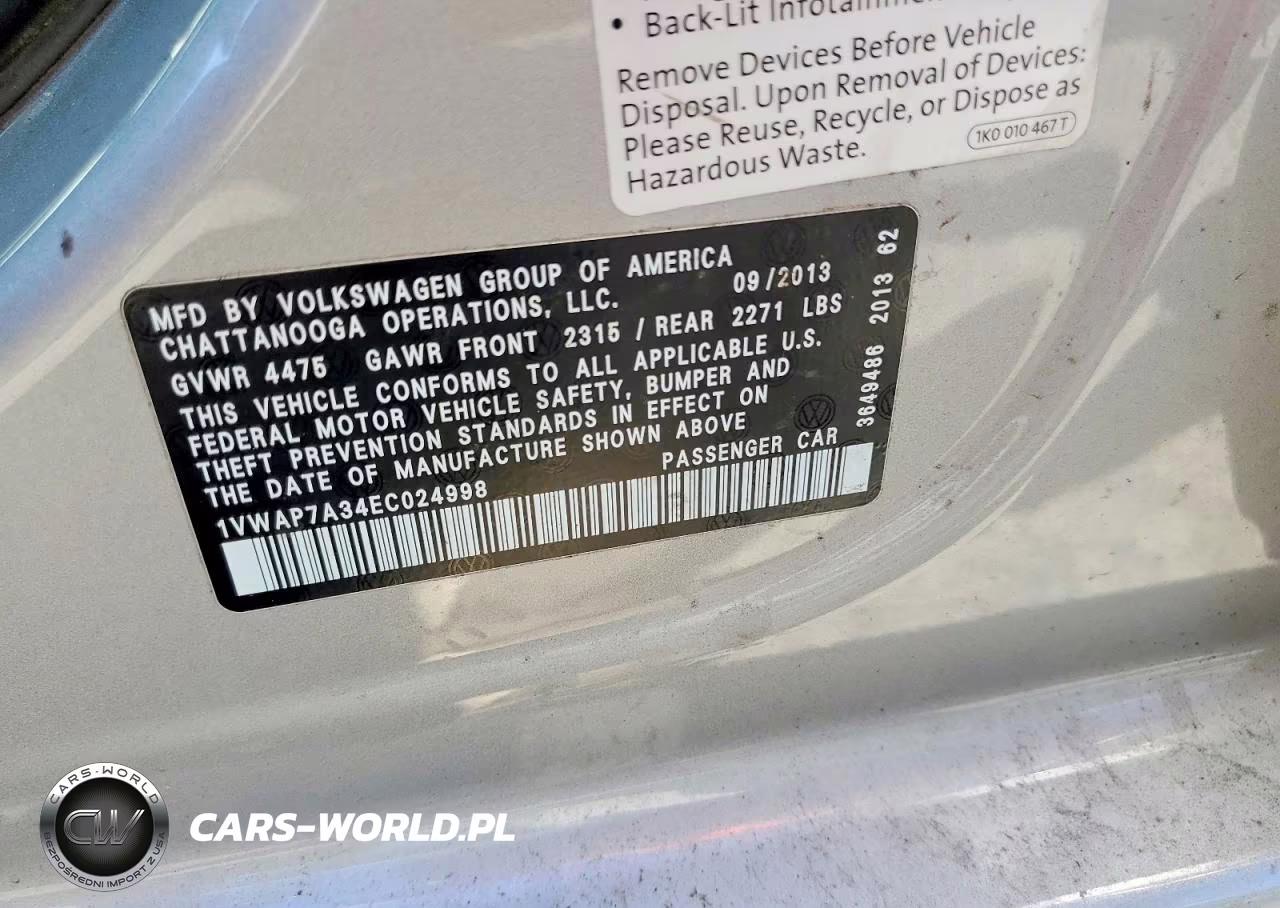 2014 Volkswagen Passat S VIN:1VWAP7A34EC024998 - 12