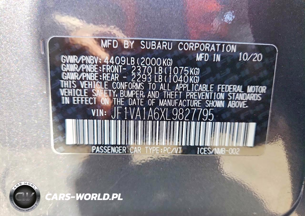 2020 Subaru Wrx VIN:JF1VA1A6XL9827795 - 12