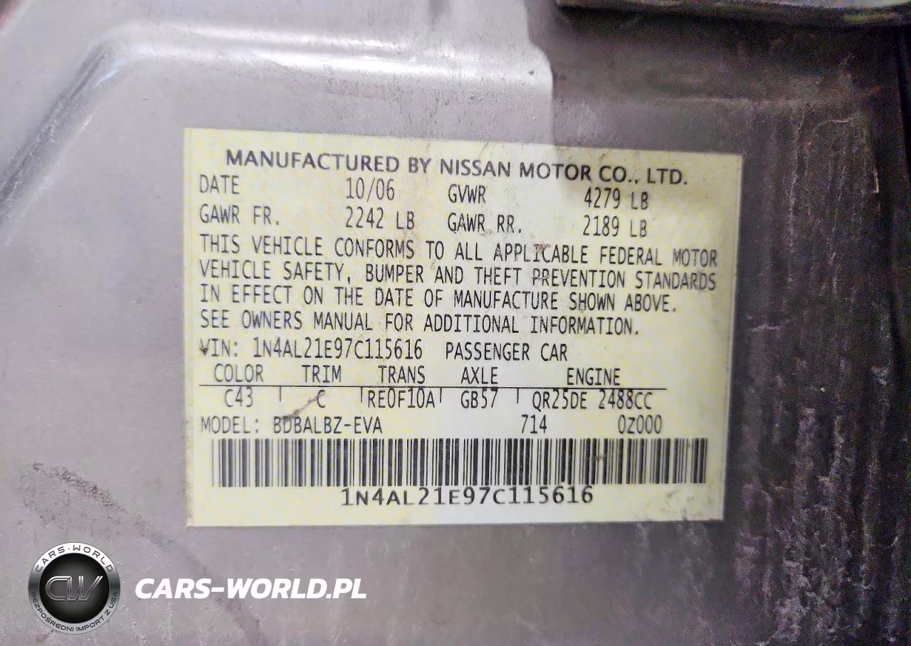 2007 Nissan Altima 2.5 VIN:1N4AL21E97C115616 - 12
