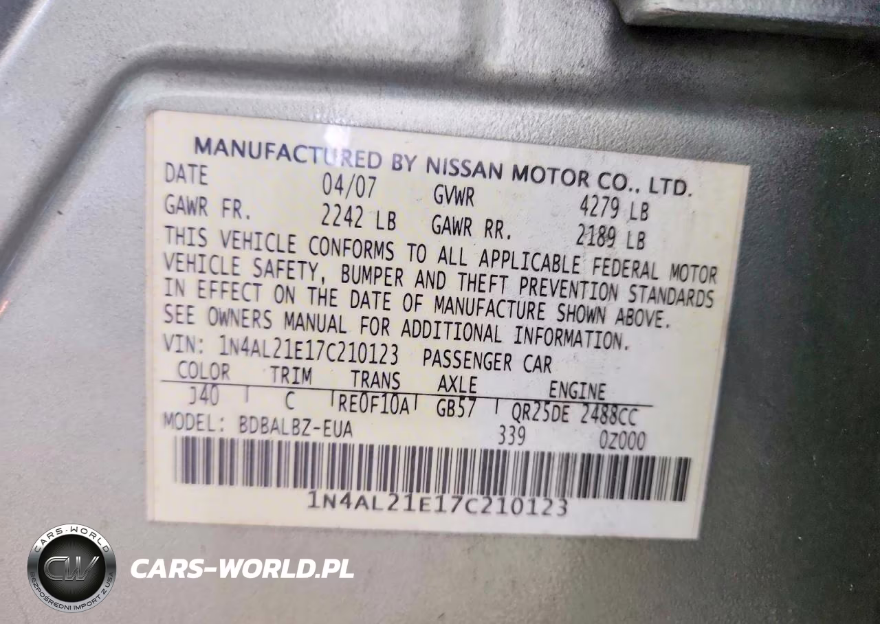 2007 Nissan Altima 2.5 VIN:1N4AL21E17C210123 - 12
