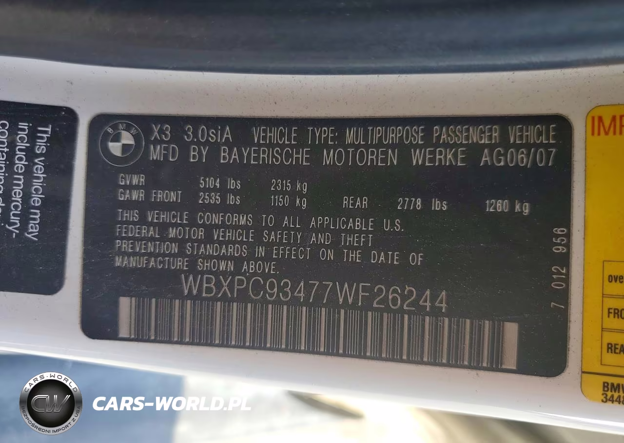 2007 BMW X3 3.0Si VIN:WBXPC93477WF26244 - 12