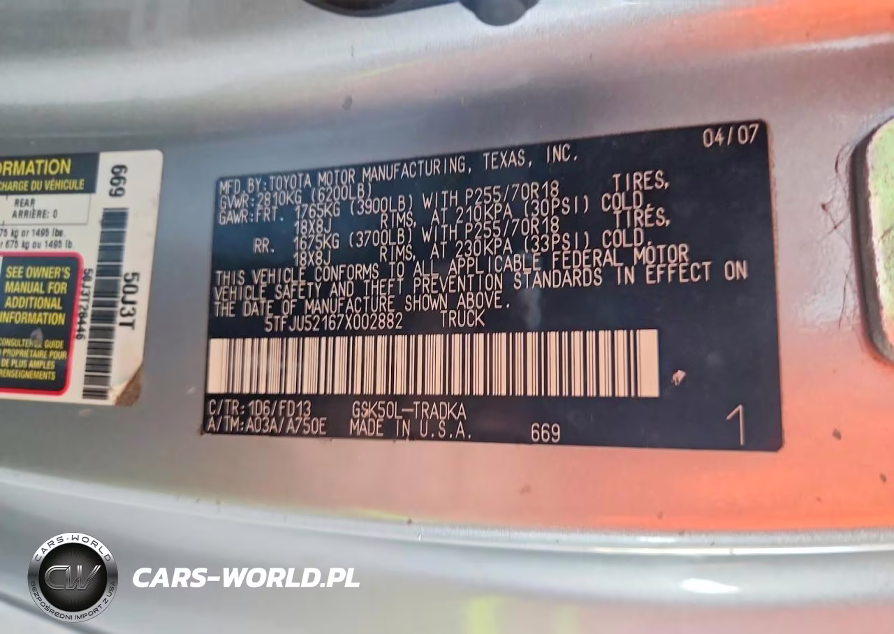 2007 Toyota Tundra Base VIN:5TFJU52167X002882 - 12