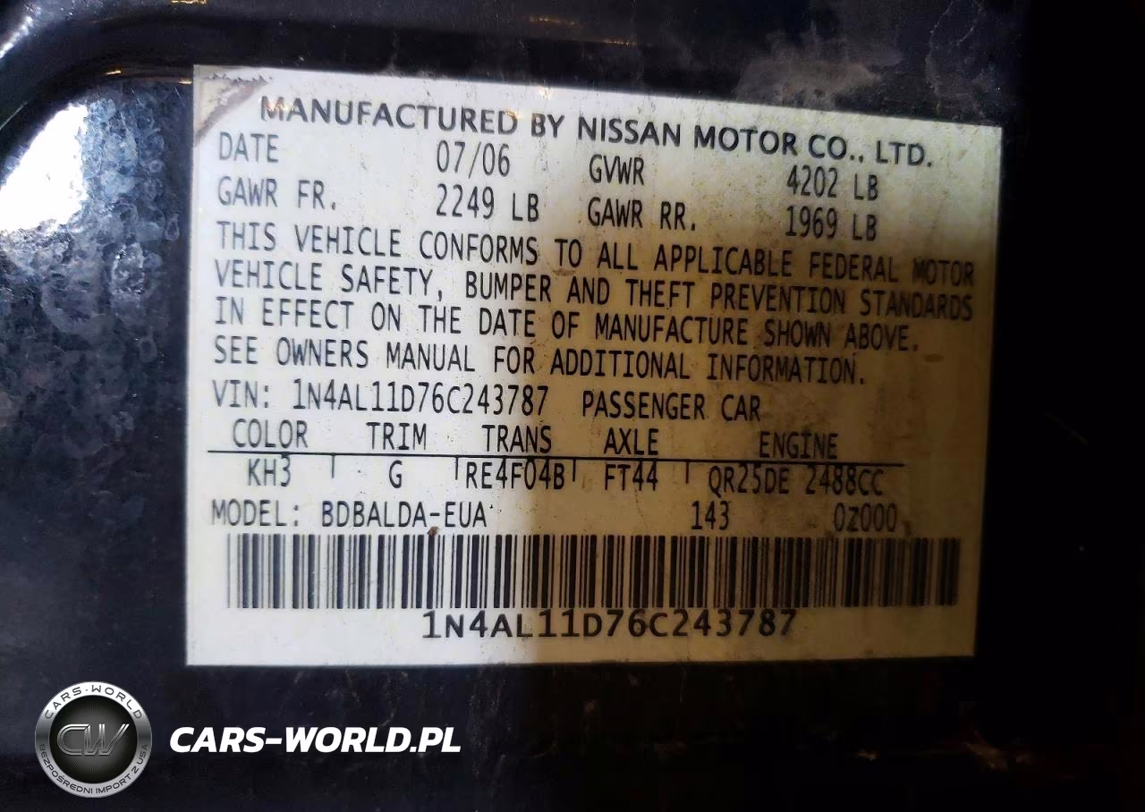 2006 Nissan Altima 2.5 VIN:1N4AL11D76C243787 - 12