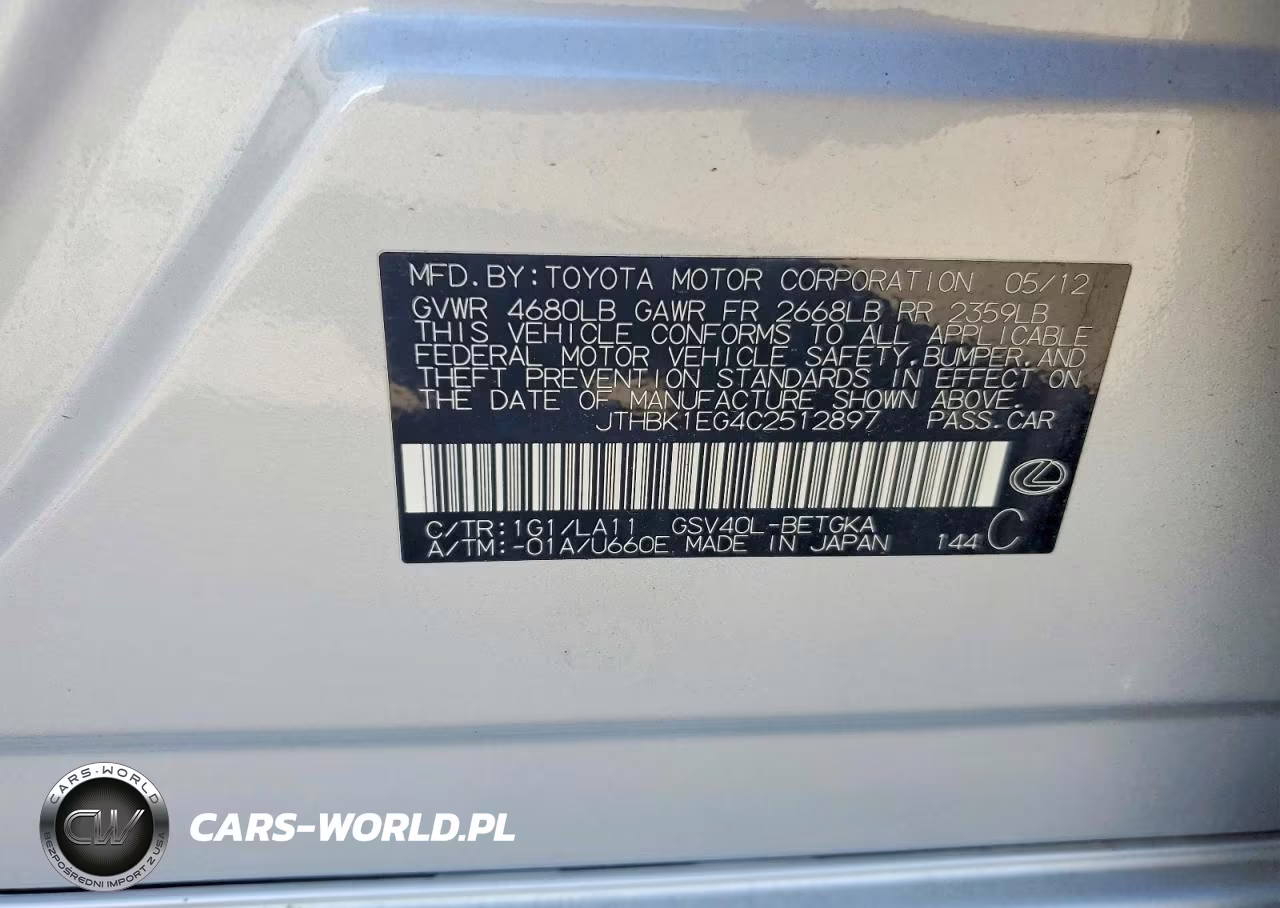 2012 Lexus Es 350 VIN:JTHBK1EG4C2512897 - 12