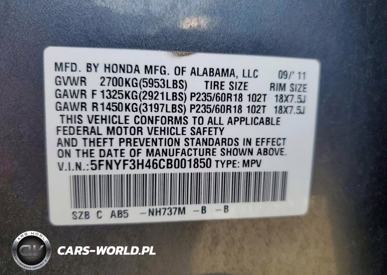 2012 Honda Pilot Ex VIN:5FNYF3H46CB001850 - 13