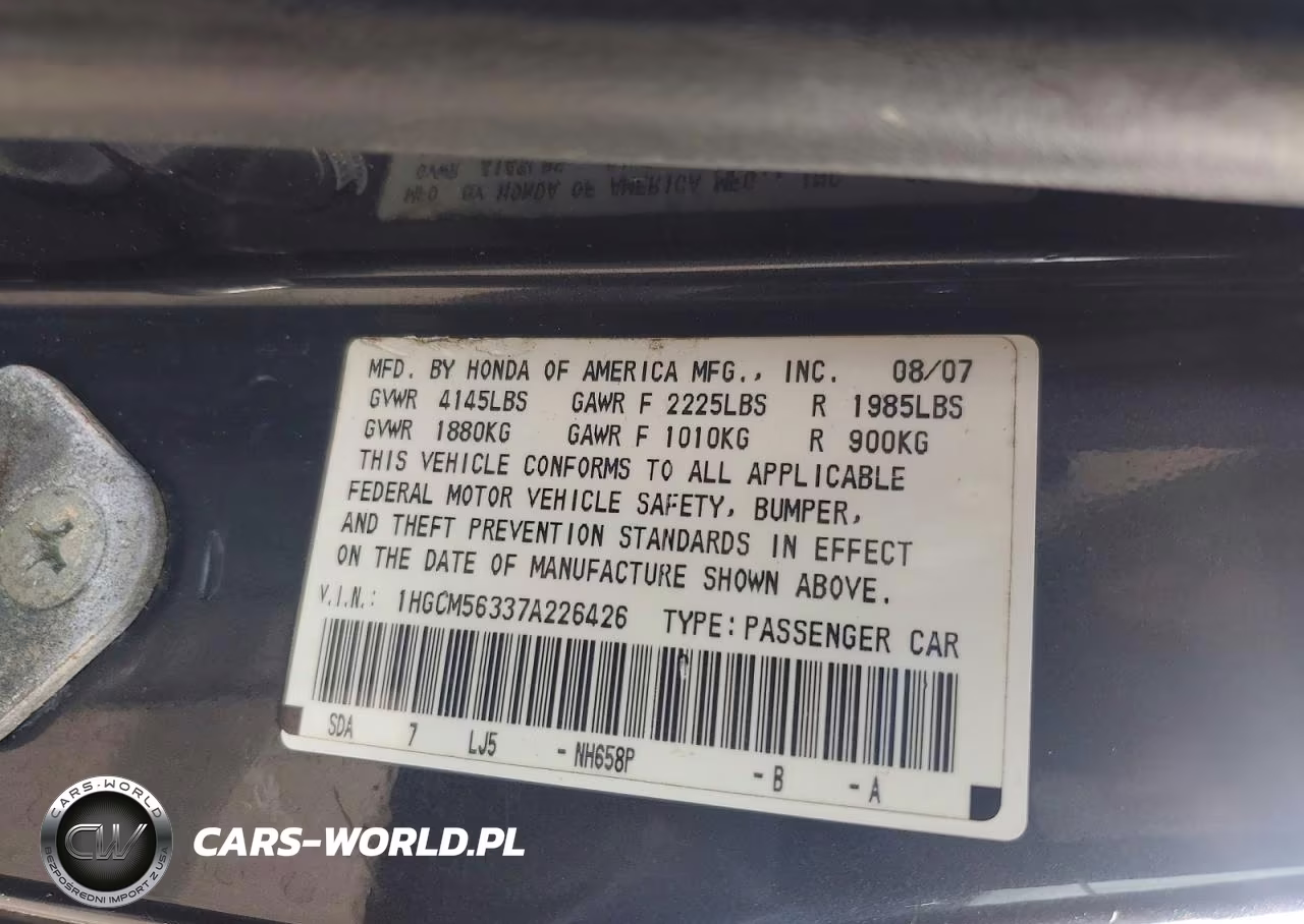2007 Honda Accord Se VIN:1HGCM56337A226426 - 12