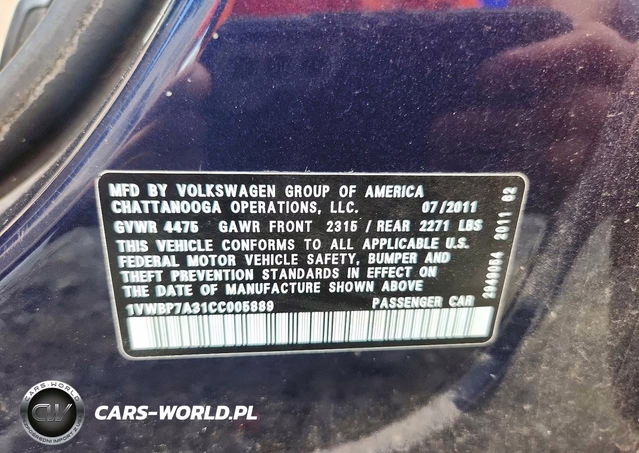 2012 Volkswagen Passat Se VIN:1VWBP7A31CC005889 - 12
