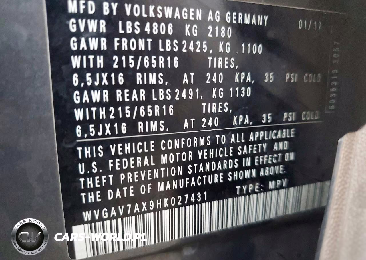 2017 Volkswagen Tiguan S VIN:WVGAV7AX9HK027431 - 13