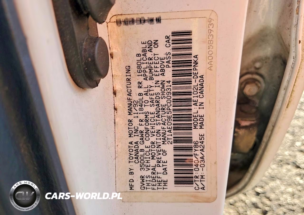 1993 Toyota Corolla Dx VIN:2T1AE09E5PC009314 - 12
