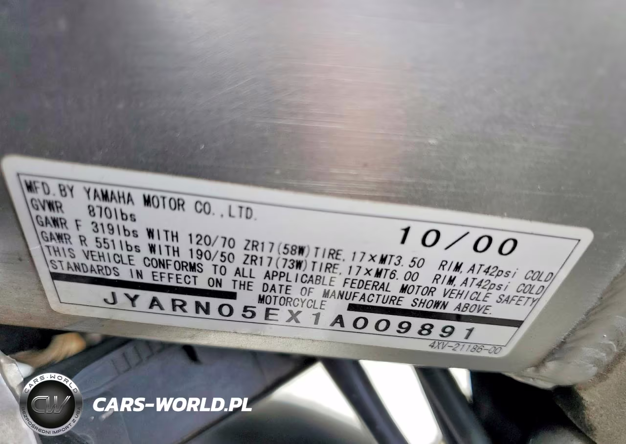 2001 Yamaha Yzfr1 VIN:JYARN05EX1A009891 - 9
