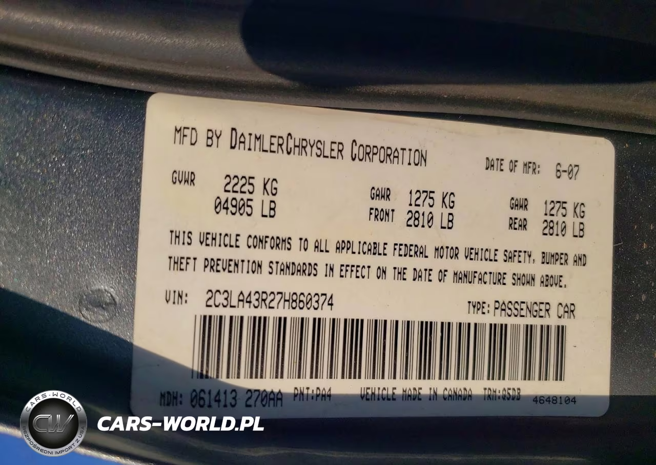 2007 Chrysler 300 Base VIN:2C3LA43R27H860374 - 12