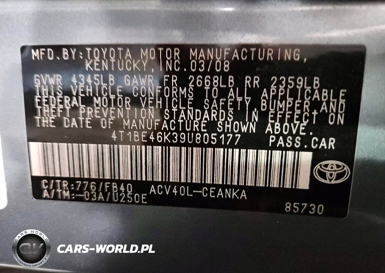2009 Toyota Camry Le VIN:4T1BE46K39U805177 - 12