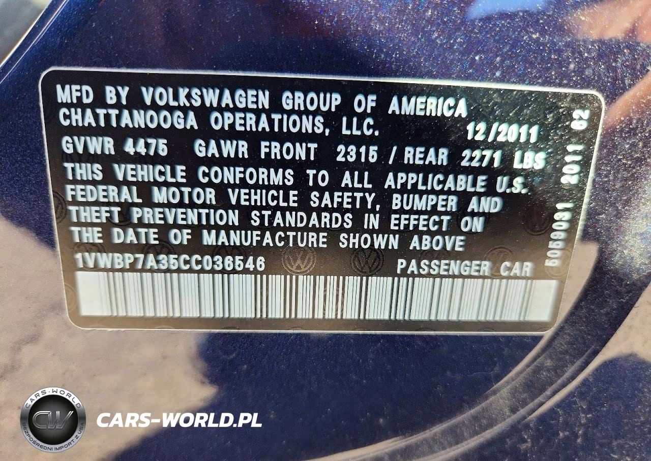 2012 Volkswagen Passat Se VIN:1VWBP7A35CC036546 - 12