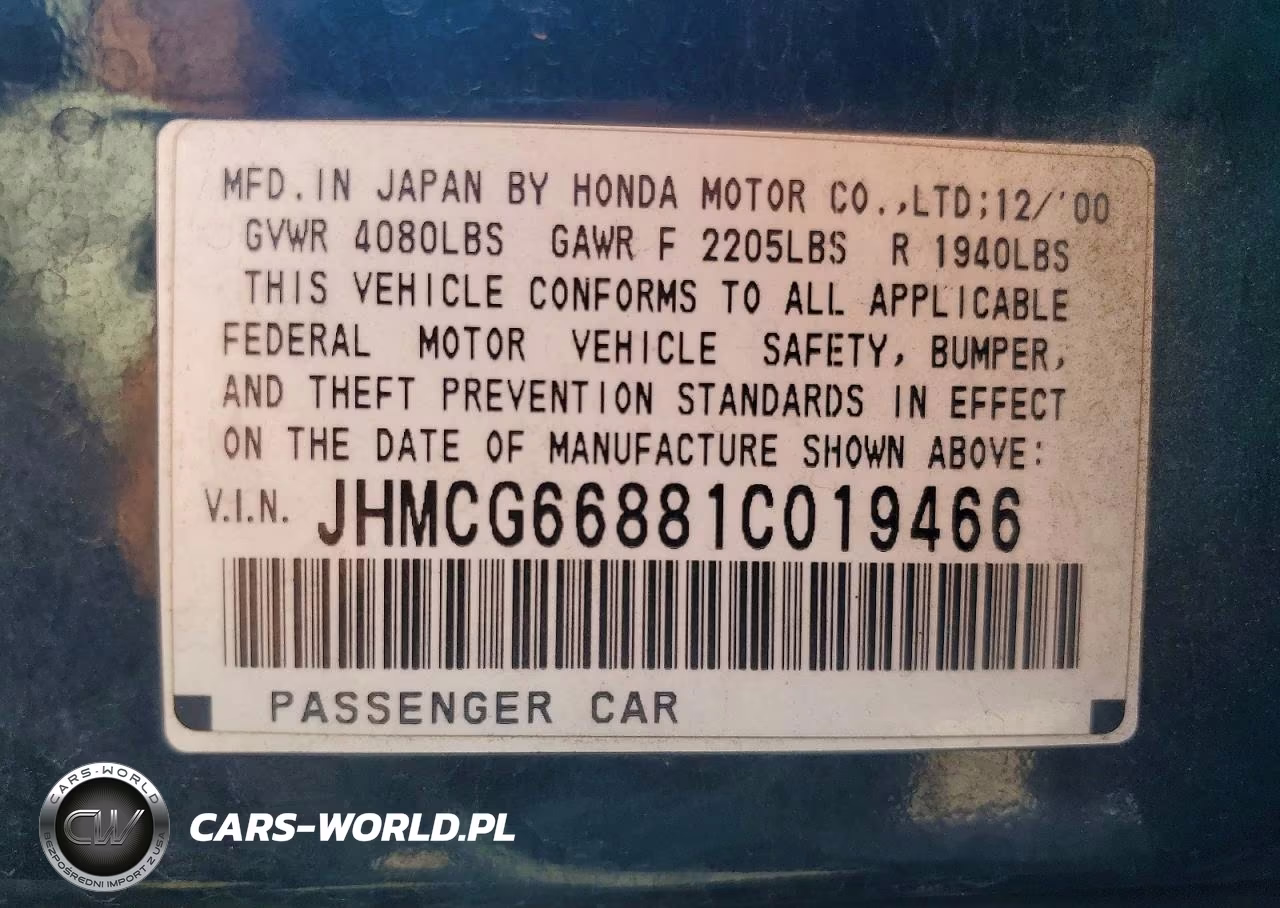 2001 Honda Accord Ex VIN:JHMCG66881C019466 - 12