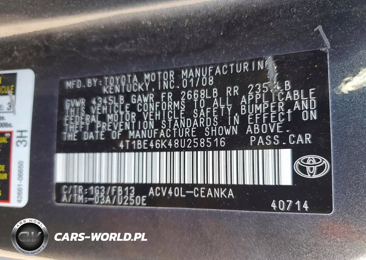 2008 Toyota Camry Le VIN:4T1BE46K48U258516 - 12